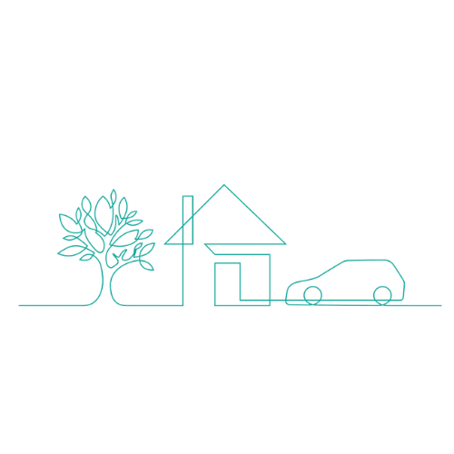Line drawing of a car and a house