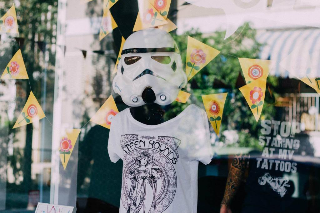 Star wars storm trooper costume in shop window