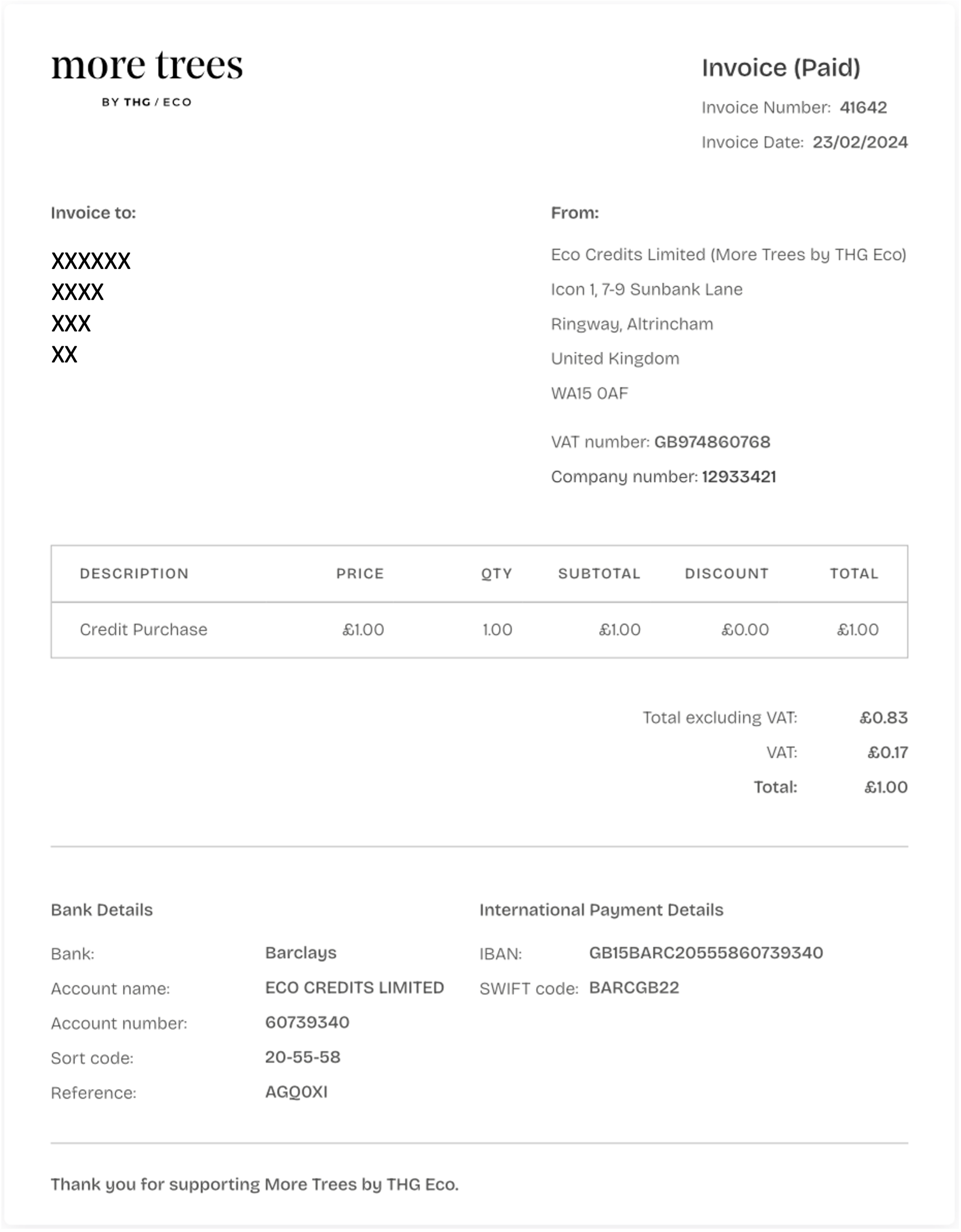 Screenshot of invoice